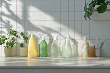 Natural Cleaning Products on Kitchen Counter with Green Plants