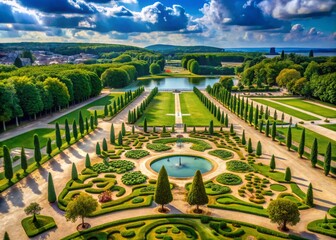 Aerial View of the Iconic Statues in Versailles Gardens Captured by Drone Photography