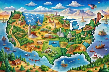 Obraz premium Aerial View of the USA Map with Vibrant Landscapes and Iconic Landmarks for Travel Enthusiasts