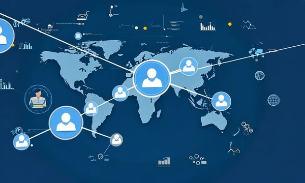A world map with interconnected lines and icons representing a global network of people and businesses.