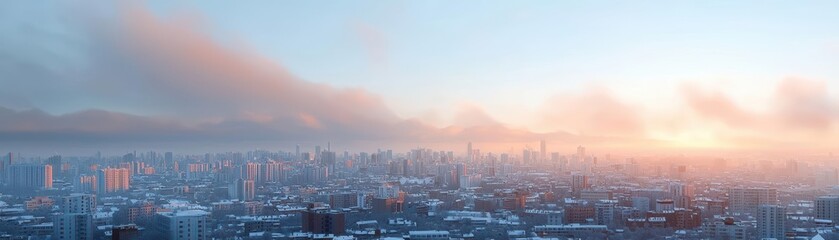 Fototapeta premium City skyline during sunrise with misty clouds, showcasing urban landscape and stunning light effects.