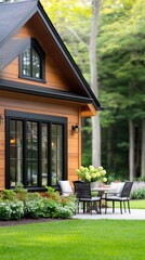 Obraz premium This charming modern rustic house features wood accents, black windows, and a stone chimney, nestled amidst lush trees and a vibrant green lawn
