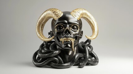 Obraz premium A black and gold sculpture of a human skull with horns and a snake around its neck.