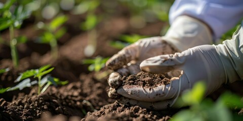 Fototapeta premium Close-up of hands holding soil samples in agriculture research