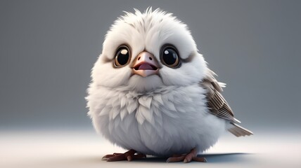 A darling white baby Sparrow , its entire body rendered in a charming cartoonish style, gazing up with emotive eyes.  
