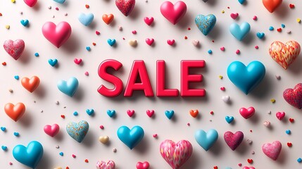 Vibrant Valentine's Day sale banner with bold SALE 3D text surrounded by floating heart shapes on a clean white background perfect for discount promotion creating a festive romantic vibe