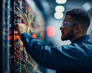A technician works on a server, adjusting colorful cables and maintaining complex networking equipment in a dimly lit environment.