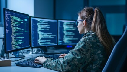A focused individual in military attire works on multiple computer screens filled with code, showcasing a blend of technology and defense.