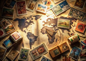 Fototapeta premium Artistic Exploration of Postage Stamps in Conceptual Photography