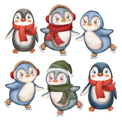 Set of cute little penguins in hats and scarves, skating, isolated on a white background. Christmas northern animal in watercolor style. Little penguin is doing figure skating.