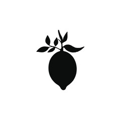 A black silhouette of a lemon with leaves 