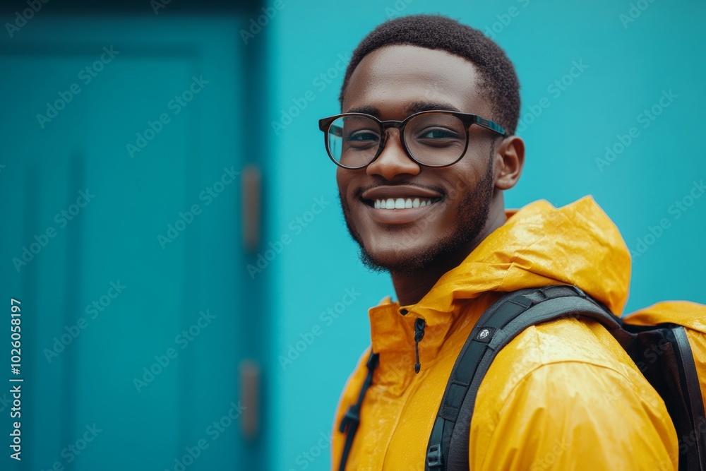 Wall mural man wearing glasses, yellow jacket is smiling. he is wearing backpack and standing in front of a blu