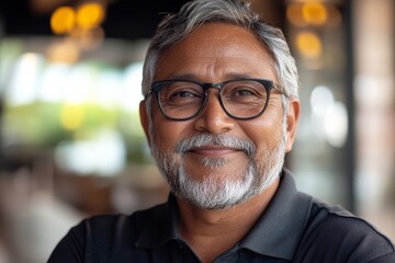 Man with glasses and a white beard is smiling. He is wearing a black shirt. merry indian man in his 70s wearing a breathable golf polo in front of modern minimalist interior