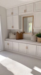 A stylish built-in bench offers comfort with soft cushions and decorative pillows, complemented by a mirror and fresh flowers in a serene, light-filled room