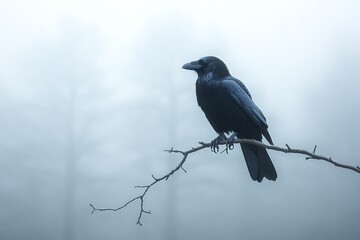 Fototapeta premium Black crow perched on branch in misty forest, eerie and spooky nature scene, perfect for mysterious, haunting themes with moody, fog-filled background, and minimalistic copyspace for text.