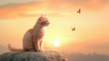 A serene sunset scene featuring a calm kitten sitting on a rock, watching two butterflies flutter through the warm, glowing light of the golden hour, creating a moment of balance and tranquility.