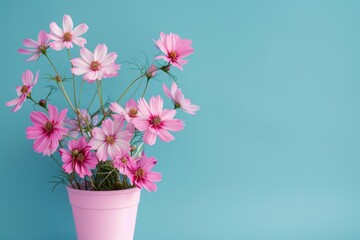 Pink and white cosmos flowers in a potted plant against a bright blue background