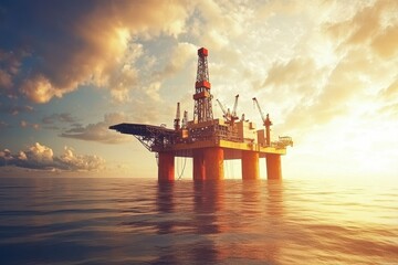 Fototapeta premium Offshore Oil Rig at Sunset with Dramatic Sky Reflections