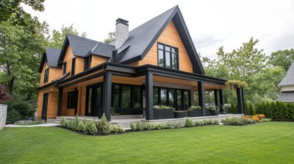 Obraz premium This charming modern rustic house features wood accents, black windows, and a stone chimney, nestled amidst lush trees and a vibrant green lawn