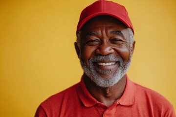 Fototapeta premium Man in a red shirt and hat is smiling and looking at the camera. happy, senior African American man with grey hair and a beard, wearing a plain red golf shirt and red cap hat and smiling, isolated