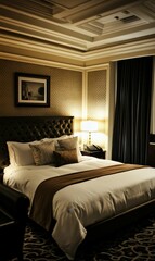 Luxurious hotel room with a king-size bed.