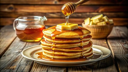 Fluffy golden pancakes drenched in maple syrup and melting butter sit alongside a honey jar, all beautifully arranged on a rustic wooden table.