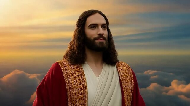 A portrait of Jesus, with a thoughtful expression, against a dramatic sunset sky.
