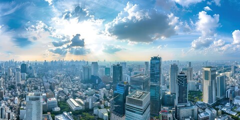 Fototapeta premium Elevated city view with skyscrapers and cloudy sky.