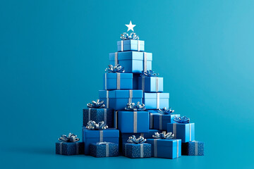 Fototapeta premium Elegant concept of decorated blue gift boxes like a Christmas tree with a star on a blue background