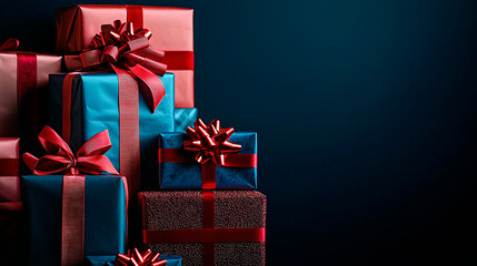 Fototapeta premium Stack of Christmas gift boxes. Heap of wrapped presents with bows. Christmas present