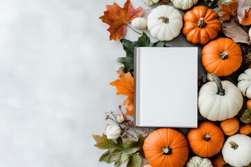 a children book for fall thanksgiving with minimalistic leaves and pumpkins, leave the middle space empty for text