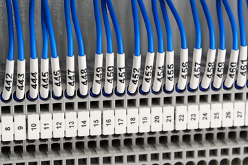 Terminal blocks in electrical cabinet.Industrial electrical equipment and wiring