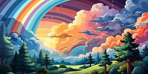 A Whimsical Landscape of Lush Forests and Dreamy Clouds with a Rainbow Arching Over a Serene Scene