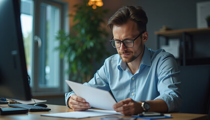 Fototapeta premium Businessman Reading Report at Desk