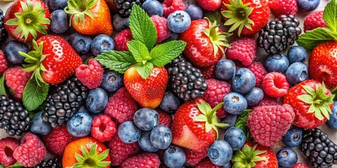 Obraz premium Fresh, colorful berries pop against a crisp white backdrop, ideal for themes related to food, health, and wellness, conveying vibrancy and natural goodness.