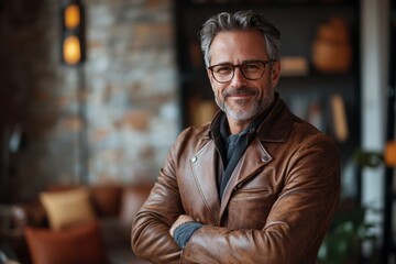 Fototapeta premium Man in a brown jacket, white shirt is smiling for camera. He is sitting in room with a lot of furniture. glad man in his 40s sporting stylish leather blazer while standing against interior background