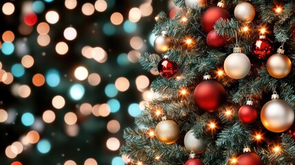 The Christmas tree sparkles with vibrant decorations and warm lights, creating a cozy atmosphere in a dimly lit room, celebrating the festive season