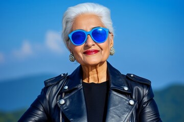 Woman with gray hair and a red dot on her forehead. She is wearing a black jacket. content indian elderly woman in her 90s sporting a classic leather jacket while standing against serene lakeside view