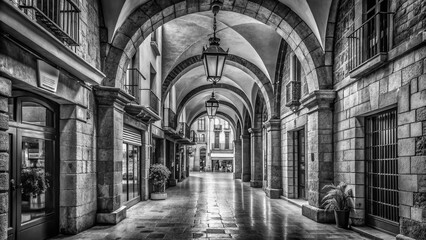Naklejka premium Black and White Architectural Photography of Girona's Historic Shopping Arcade in Catalonia, Spain