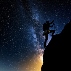 silhouette of mountain climber ascends rocky peak under starry night sky, showcasing determination and adventure amidst vastness of universe