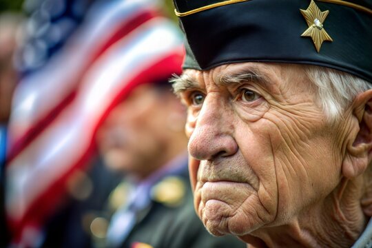 Veteran in military uniform with american flag honoring veterans day