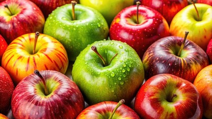 Fresh, juicy apples are showcased in a close-up, revealing their vivid colors and unique textures, set against a bright, clean white background for a striking effect.