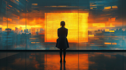 A woman stands in a futuristic cityscape, 