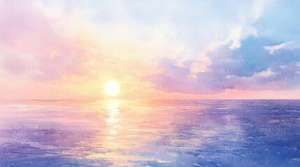 Fototapeta premium Tranquil watercolor sunset over a calm ocean with soft pastel hues of pink and blue.