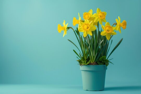 Bright yellow daffodils in a light blue pot against a turquoise backdrop - Powered by Adobe