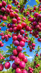 Fototapeta premium red apples on a branch. fruit, red, berry, food, ripe, cherry, nature, tomato, leaf, berries, isolated, branch, healthy, tree, cranberry, plant, currant, agriculture, garden, bunch, organic, juicy, sw
