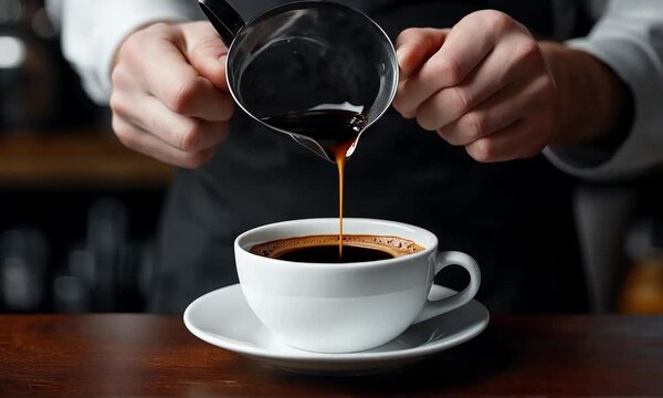 Close up of barista pouring coffee into a white cup.