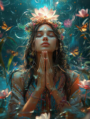 A mystical woman in prayer surrounded by butterflies and lotus flowers