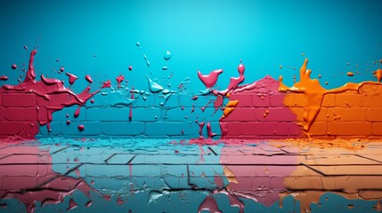 Splashes of vibrant paint on a brick wall, creating a colorful abstract pattern that reflects on the wet floor below