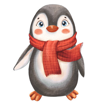 recommend clip art: Cute smiling penguin in a red checkered scarf, isolated on a white background. Christmas and winter animals, hand painted in watercolor. For designers, decor, shops, flyers, packaging